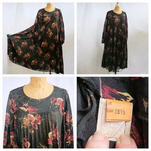vtg 60s Mod Accordion Full Black Floral Pleated Dress Secretary ILGWU 18 1/2 EUC